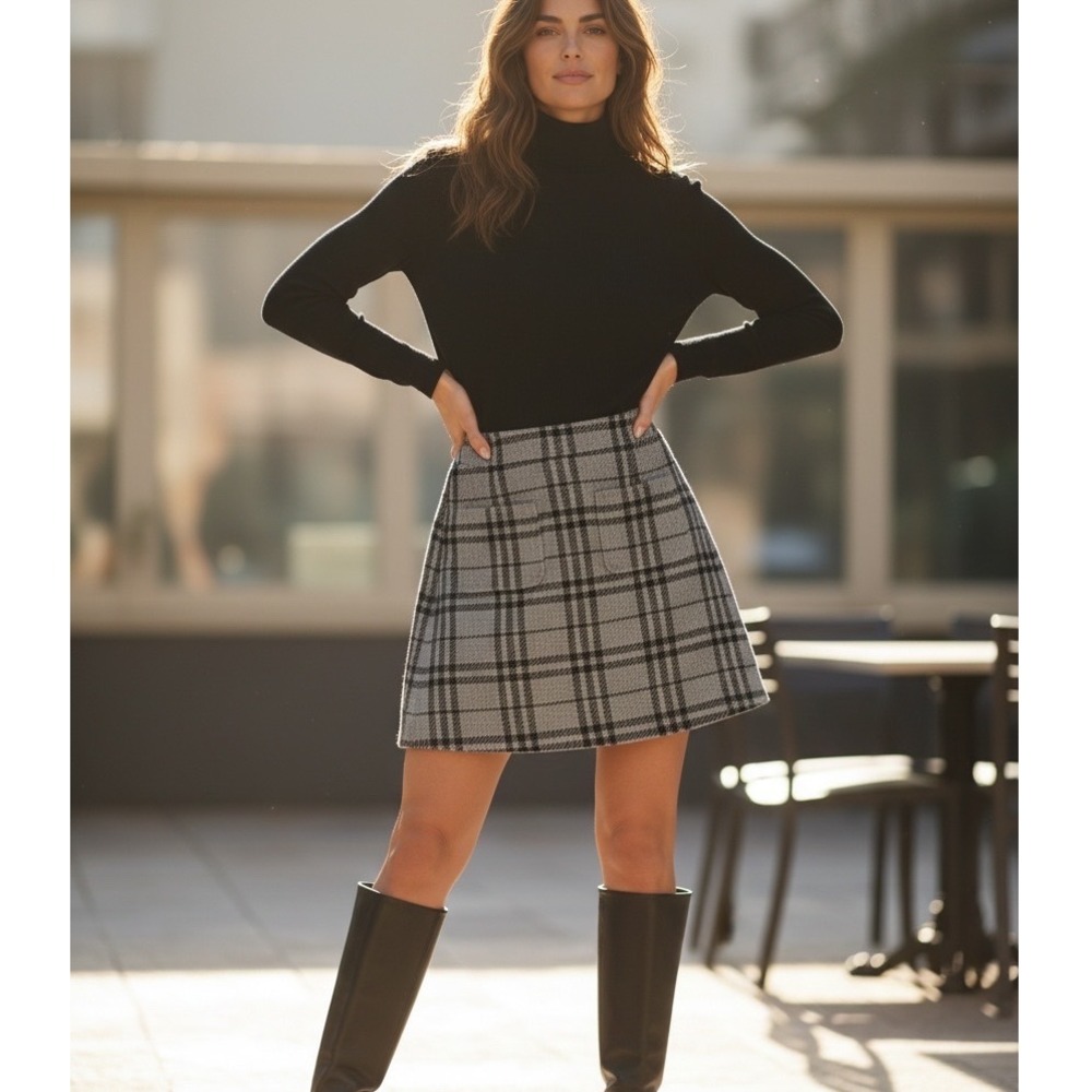 J.Crew Grey Black Plaid A-Line Mini Skirt Academia Preppy Office Workwear Size 6